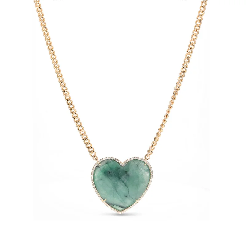 Unique ocean-inspired pendant necklaces with seashells or waves for beach lovers -14K Emerald Diamond Heart Curb Chain Necklace - 18"