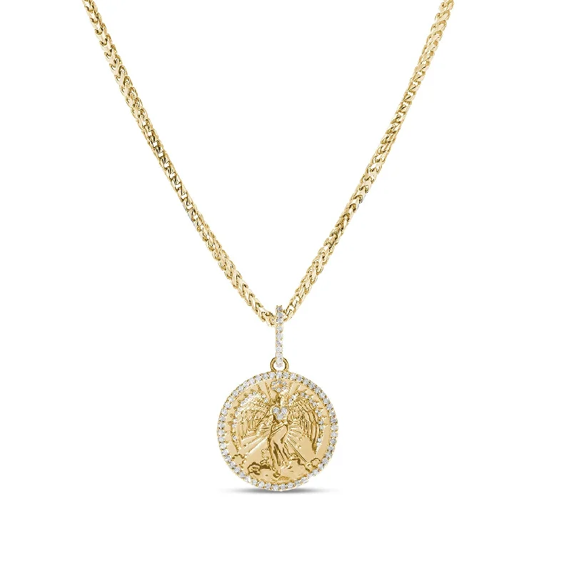 Modern geometric pendant necklaces for women who love bold, contemporary styles -14K Gold and Diamond Guardian Angel Coin Necklace