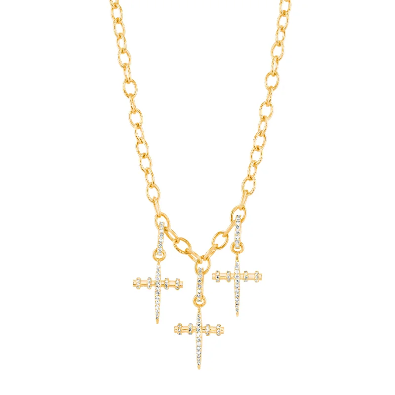 Fashionable star-shaped pendant necklaces for women who love celestial-inspired accessories -14K Gold Trio Armour Cross Necklace