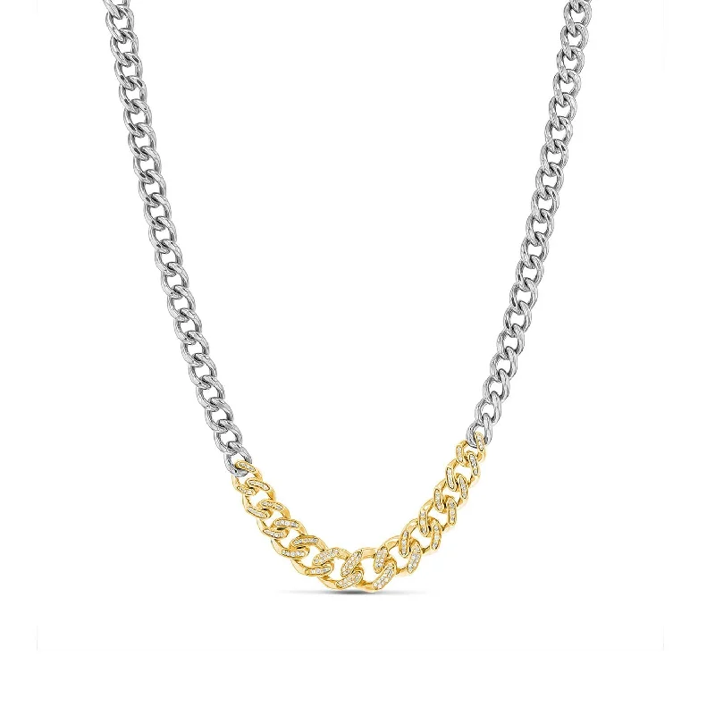 Chic geometric shape pendant necklaces for a bold, contemporary accessory statement -14K Pave Diamond & Silver Tapered Links Curb Chain Necklace - 18"