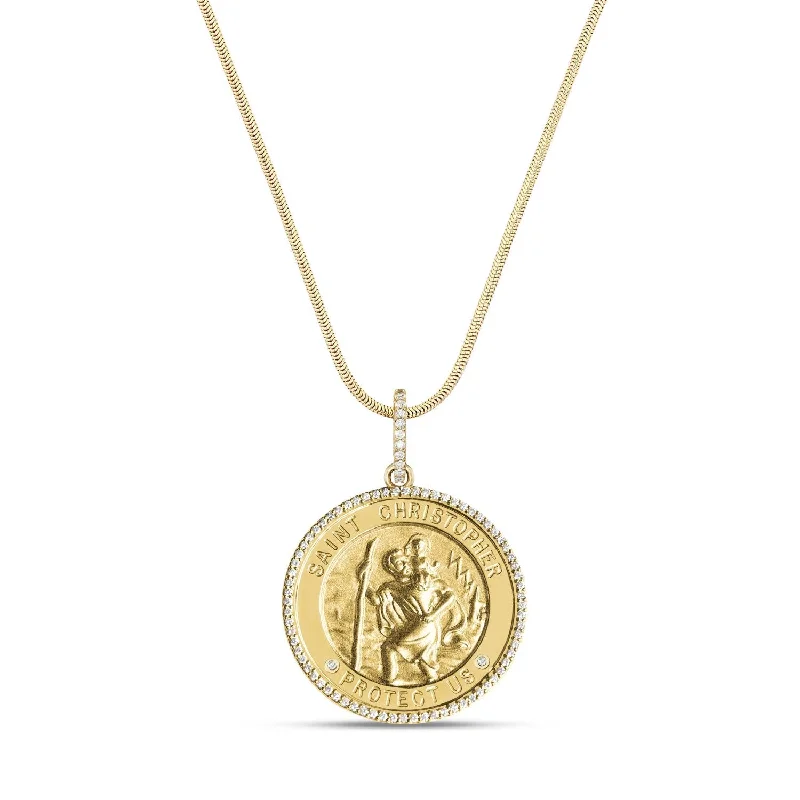 Religious cross pendant necklaces for women who want meaningful and spiritual jewelry -14k St. Christopher "Protect Us" Diamond Halo Medallion Necklace