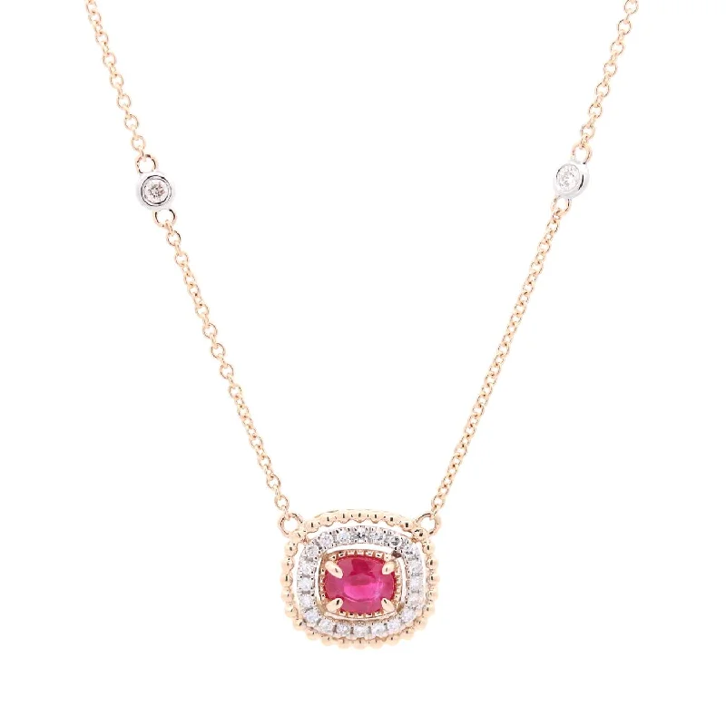 Gorgeous ruby pendants on gold necklaces for a rich, luxurious accessory -14K YELLOW GOLD  OVAL HALO PENDANT