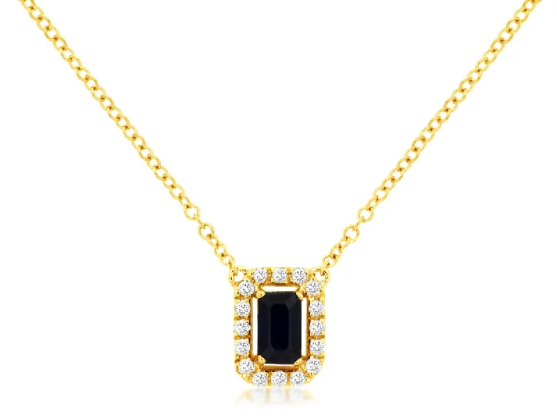 Unique ocean-inspired pendant necklaces with seashells or waves for beach lovers -14K Yellow Gold Emerald Cut Sapphire and Diamond Necklace