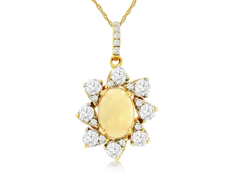 Elegant pendant necklaces with simple, understated designs for everyday wear -14K Yellow Gold Oval Opal with Diamond Halo Necklace