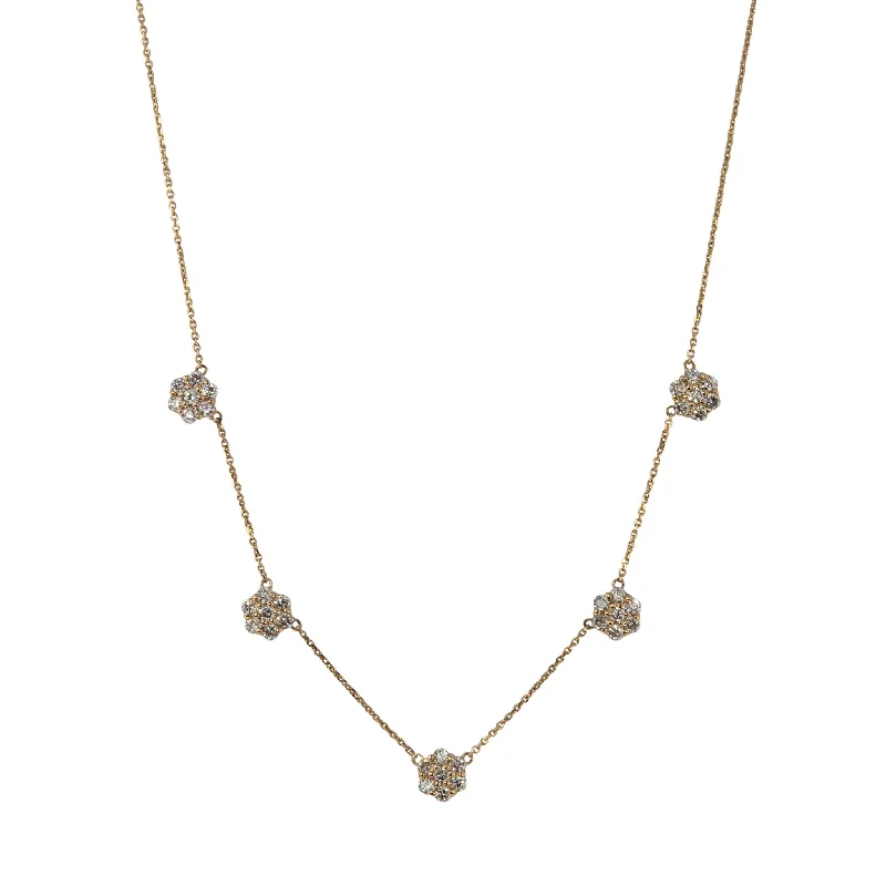 Minimalist coin pendants for necklaces for women who love subtle yet trendy designs -2ct Diamond Flower Cluster 5 Station 14K Yellow Gold Necklace