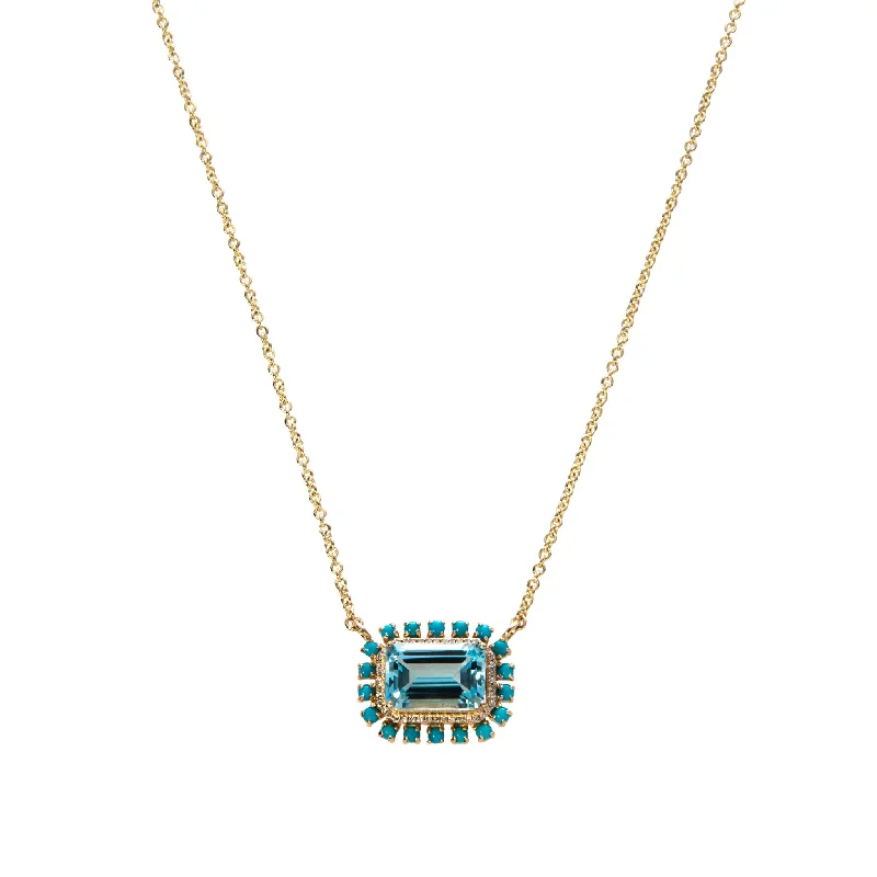 Stylish snake chain necklaces with pendant charms for a fashionable and trendy accessory -Blue Topaz, Diamond & Turquoise 14K Yellow Gold Necklace