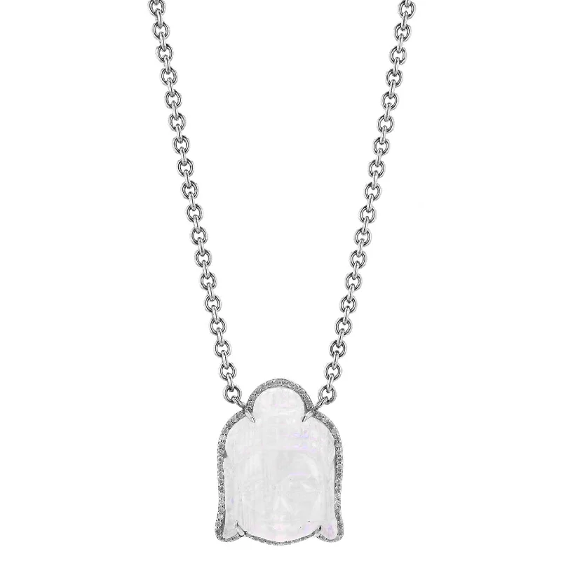 Personalized silver necklaces with custom name pendants for a unique gift -Carved Rainbow Moonstone Buddha Necklace