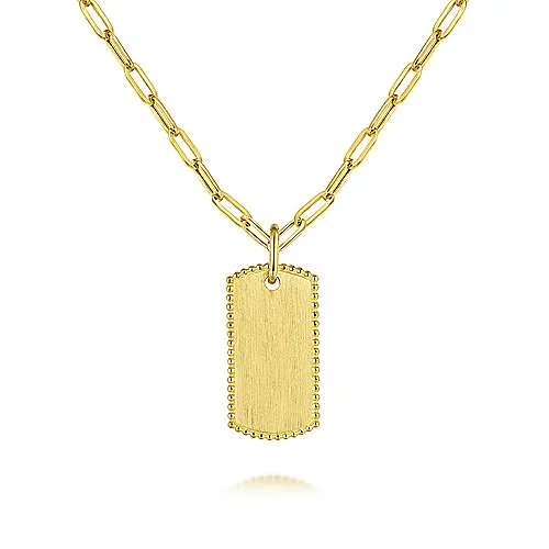 Fashion-forward crystal pendant necklaces for women who love unique, eye-catching accessories -14K Yellow Gold Dog Tag Pendant Hollow Chain Necklace