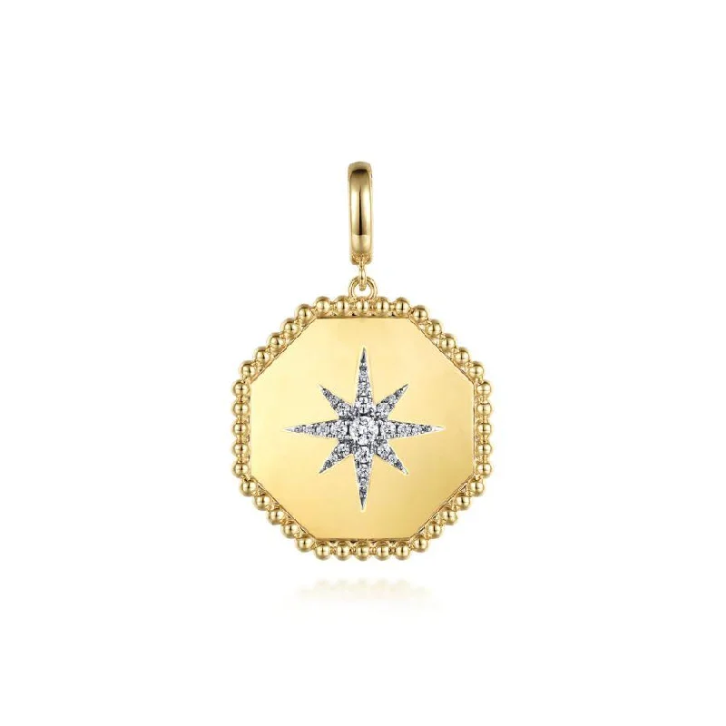 Simple gold pendants on delicate chains for understated elegance and sophistication -14K Yellow Gold Diamond Starburst Hexagon Medallion Pendant