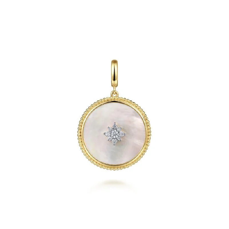 Stunning moonstone pendants for necklaces for a mystical, ethereal look -14K Yellow Gold Diamond Mother of Pearl Starburst Medallion Pendant