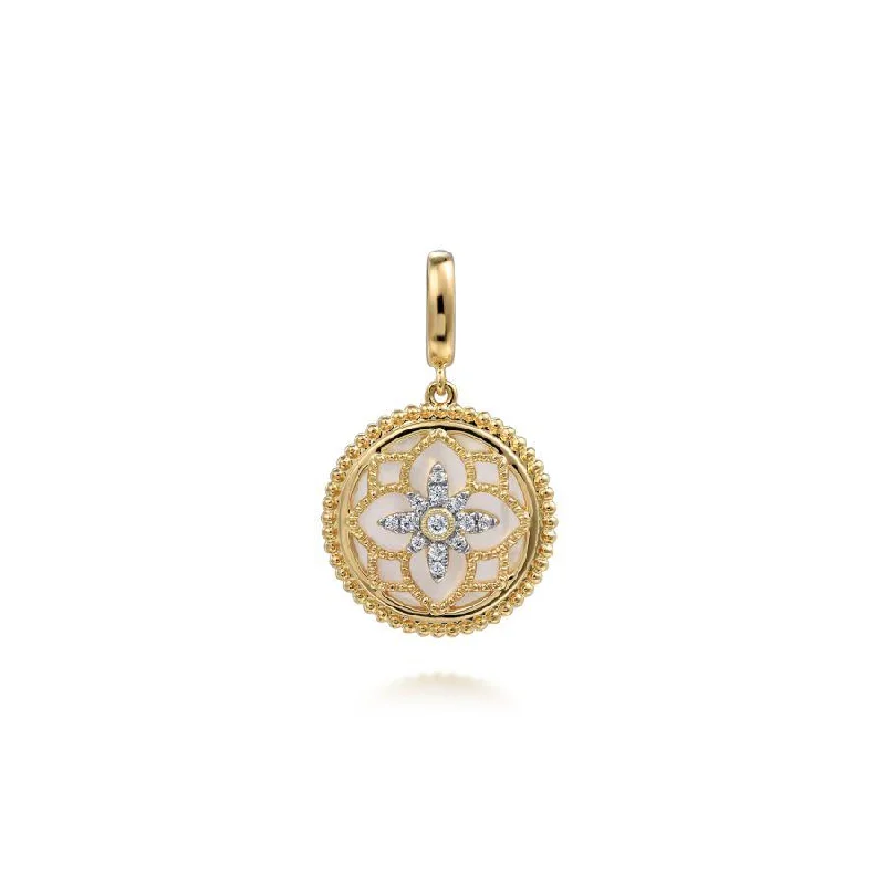 Personalized family tree pendant necklaces for a sentimental and unique family gift -14K Yellow Gold Diamond and Mother of Pearl Medallion Pendant