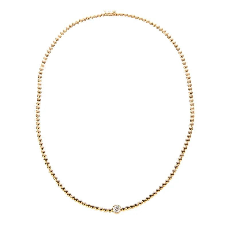 Minimalist oval pendants on sleek silver chains for modern, elegant wear -Diamond Bezel & Bead 14K Yellow Gold Tennis Necklace