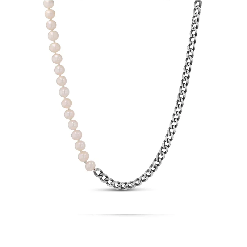 Layered pendant necklaces with multiple charms for an eclectic, trendy look -Mr. LOWE Men's Pearl & Flat Curb Chain Necklace - 20"