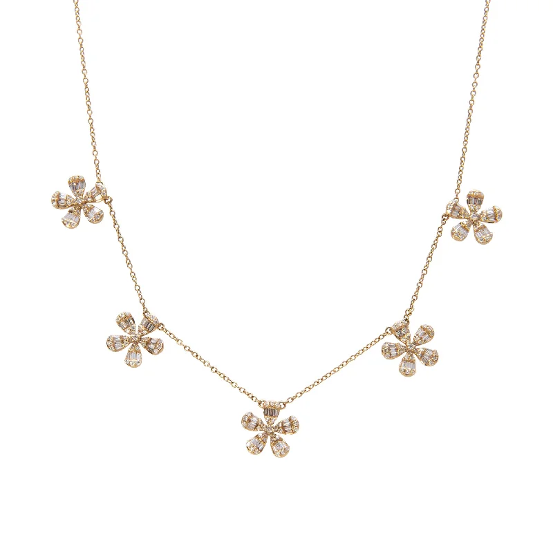 Unique pendants with astrology symbols for women who love celestial-inspired jewelry -Round & Baguette Diamond Flower 5 Station 14K Yellow Gold Necklace