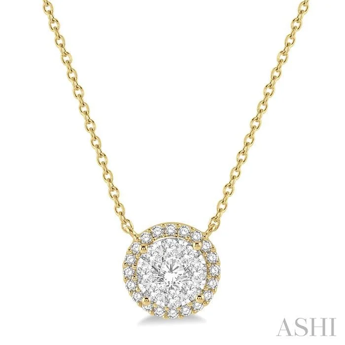 Bold statement pendant necklaces with large gemstones for an eye-catching, dramatic effect -ROUND SHAPE HALO LOVEBRIGHT ESSENTIAL DIAMOND PENDANT