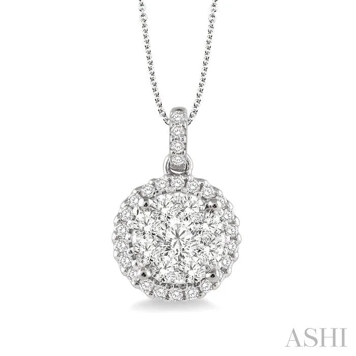 Minimalist oval pendants on sleek silver chains for modern, elegant wear -ROUND SHAPE HALO LOVEBRIGHT ESSENTIAL DIAMOND PENDANT