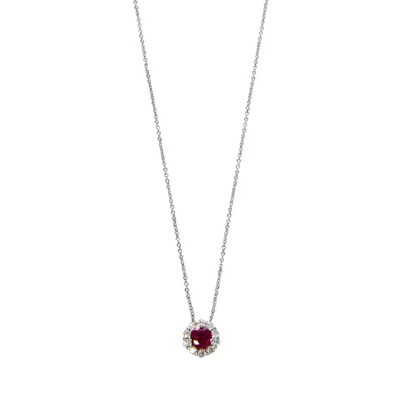 Elegant platinum pendant necklaces with diamonds for a luxurious, sparkling accessory -Ruby & Diamond Halo 18K White Gold Pendant Necklace