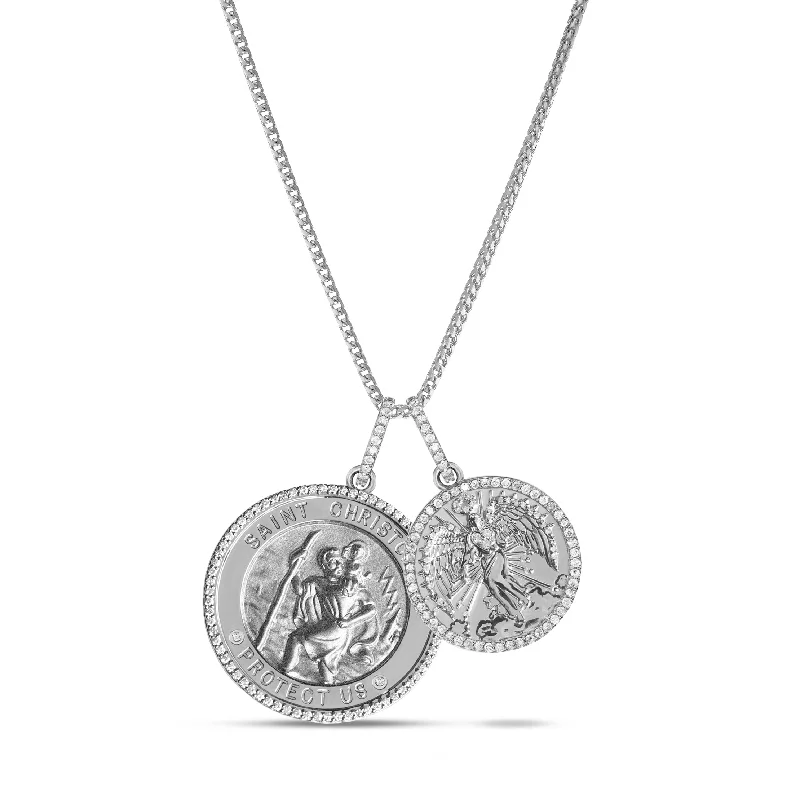 Stylish leather pendant necklaces for men with custom designs and personalized touches -Silver St. Christopher "Protect Us" Medallion & Angel Pendant on Franco Chain - 28"