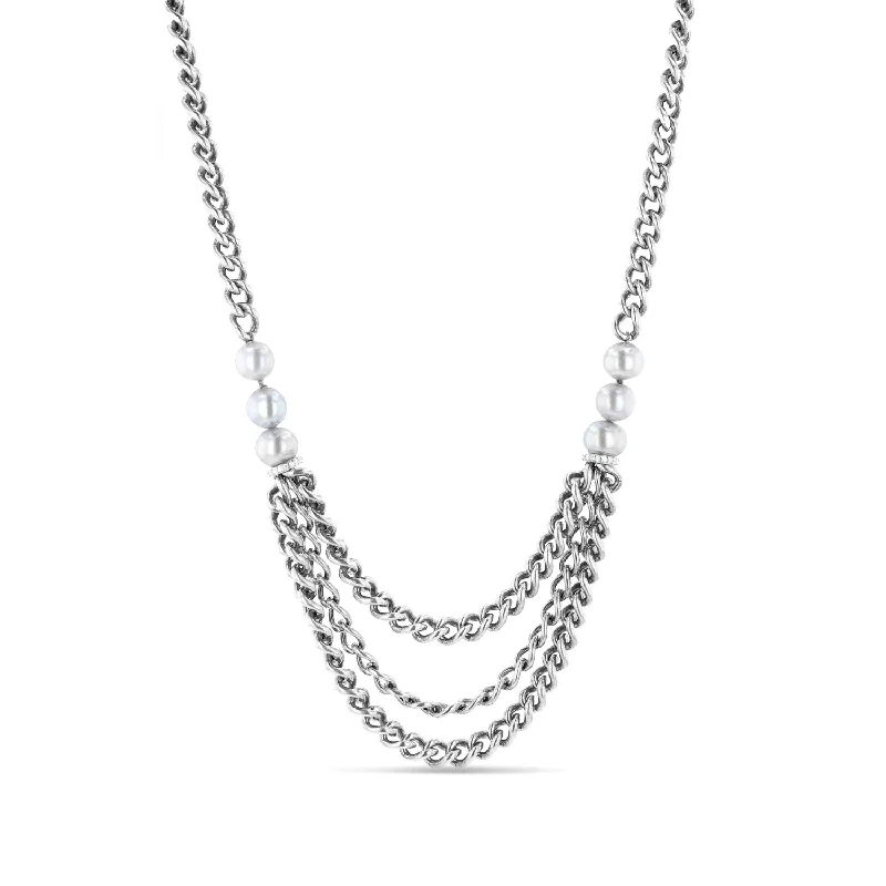 Personalized monogram pendant necklaces for a stylish and customized jewelry option -Triple Layer Curb Chain Necklace with Silver Pearls & Diamonds - 18 - 20"