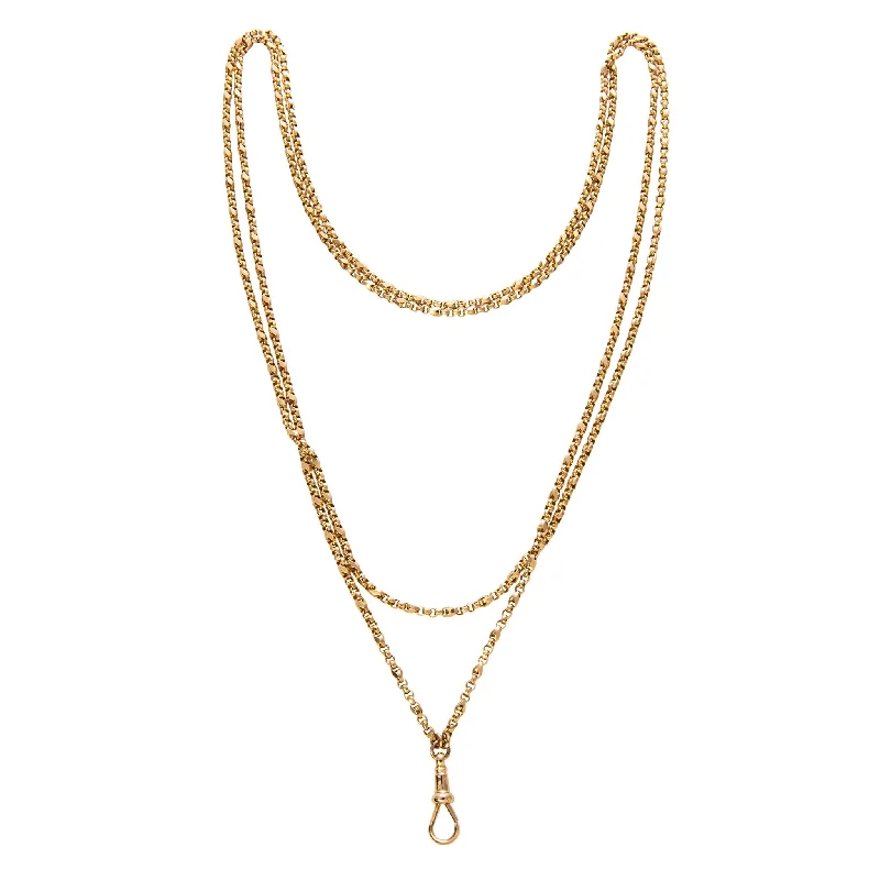 Sparkling diamond pendants on elegant chains for a sophisticated jewelry choice -Victorian 15K Yellow Gold Guard Chain Necklace 57″