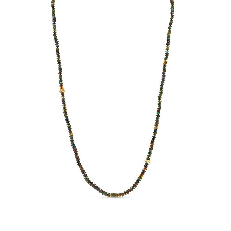 Large rings designed for striking finger presence -14k Black Ethiopian Opal Layering Necklace with Diamond Donuts - 34"