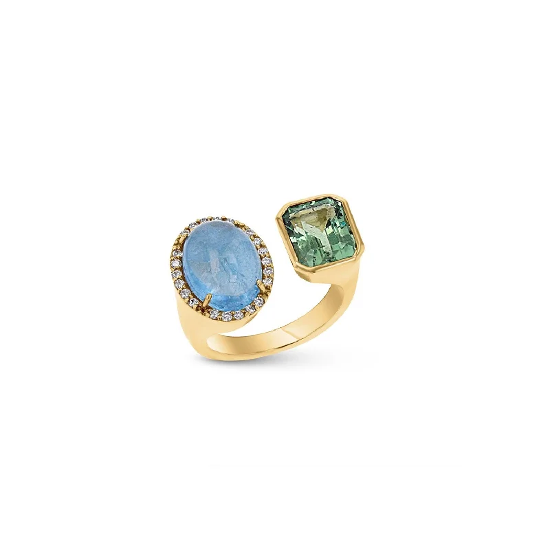 Rugged rings designed for men with bold charm -14k Diamond Halo Two Stone Ring - Aquamarine & Mint Tourmaline