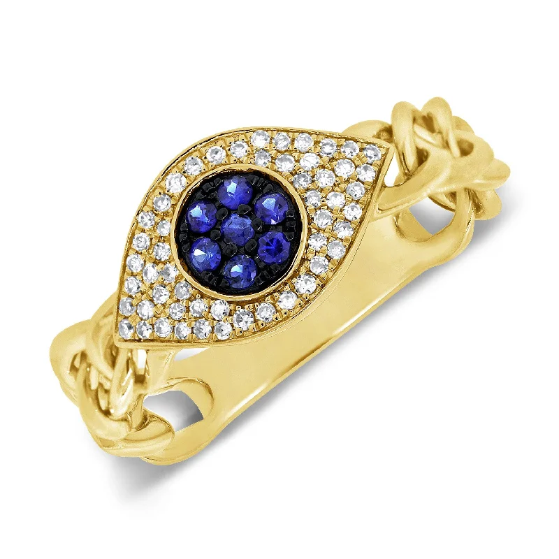 Sleek rings ideal for subtle daily finger elegance -14K Gold Evil Eye Chain Ring with Diamonds