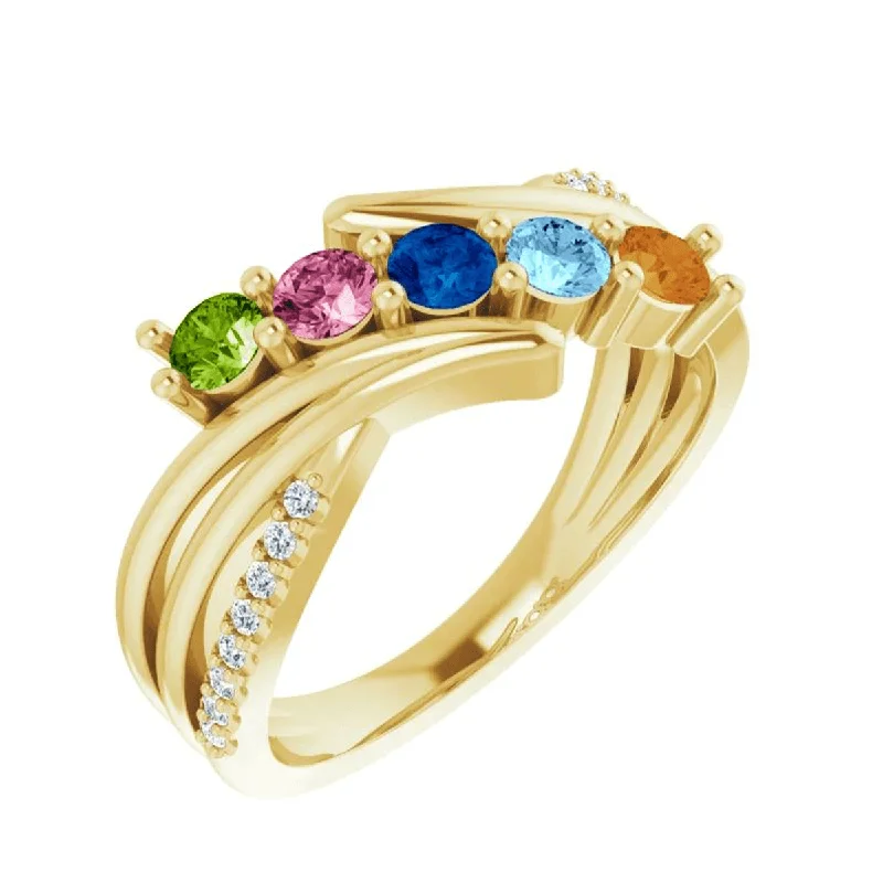 Rings inspired by flora with gemstone flower details -14k Mother's Ring with Five Round Cut Birthstones & Diamonds