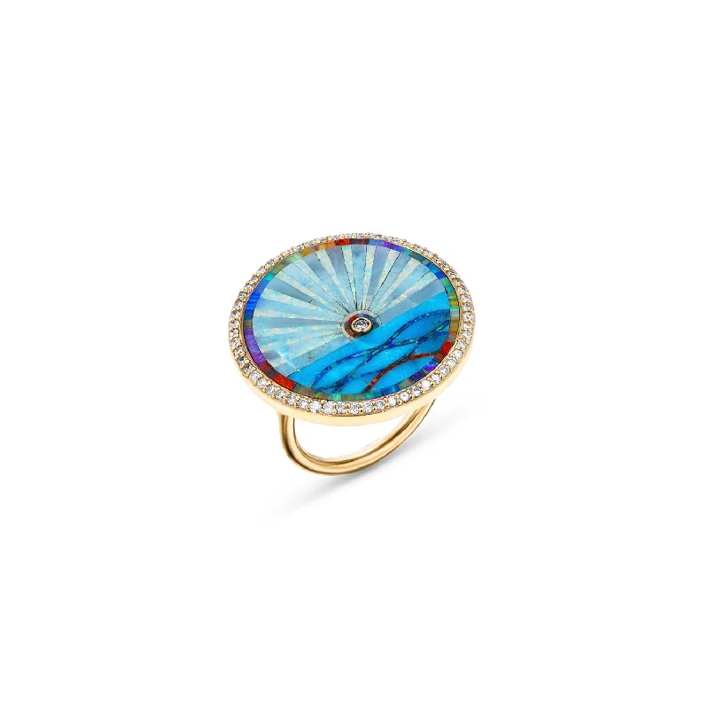 Trendy rings with modern designs for youthful flair -14k Opal and Turquoise Inlay Sunset with Diamond Bezel Ring