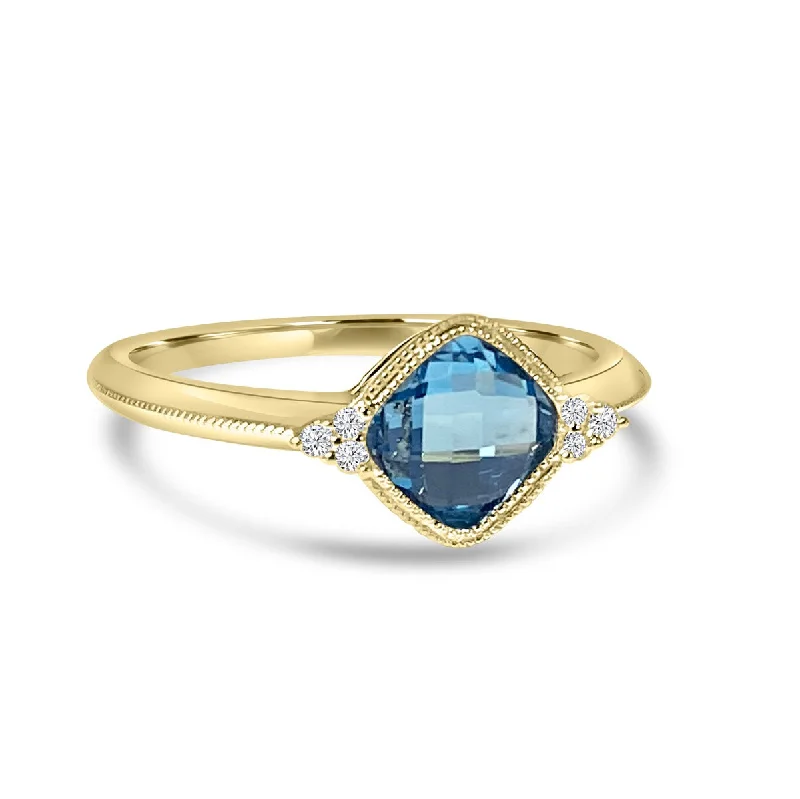 Rings featuring black diamonds for edgy finger shine -14K Yellow Gold Bezel Set Cushion Blue Topaz Ring