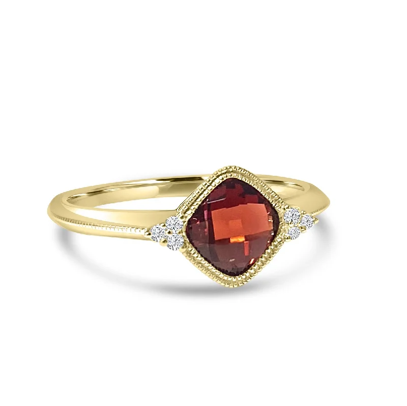 Open rings with airy bands for finger style -14K Yellow Gold Bezel Set Garnet Ring