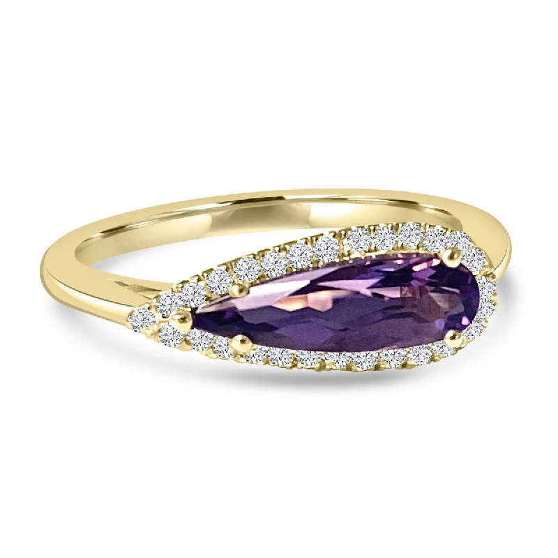 Rings featuring pearls for classic finger sophistication -14K Yellow Gold Pear Amethyst and Pave Diamond Halo Ring