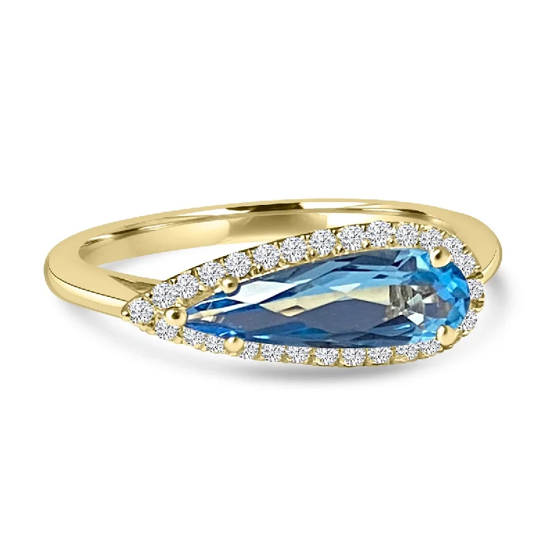 Light rings ideal for everyday finger comfort wear -14K Yellow Gold Pear Blue Topaz and Pave Diamond Halo Ring