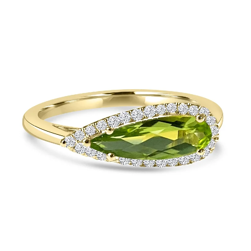 Rustic rings with hammered bands for textured flair -14K Yellow Gold Pear Shaped Peridot Pave Halo Ring