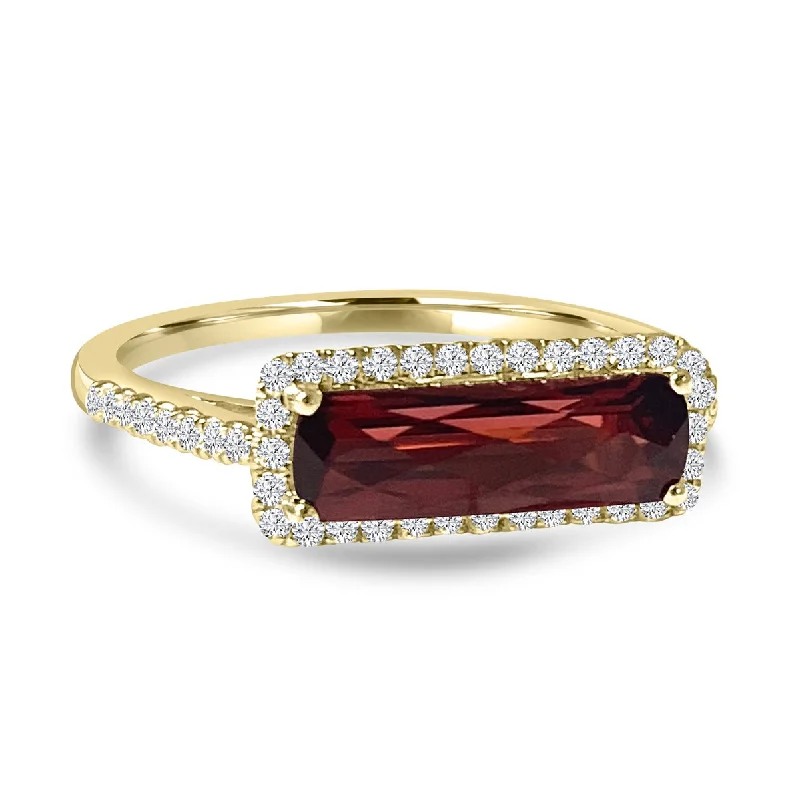 Crisp rings with modern shapes for finger chic -14K Yellow Gold Horizontally Set Garnet and Diamond Halo Ring