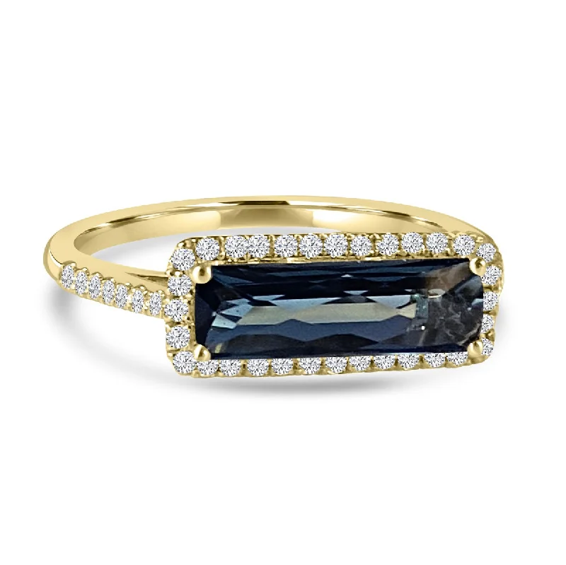 Rings featuring floral stones for delicate finger beauty -14K Yellow Gold Horizontally Set London Blue Topaz Diamond Halo Ring