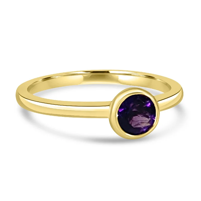 Chakra rings with stones for finger energy balance -14K Yellow Gold 5MM Bezel Amethyst Ring