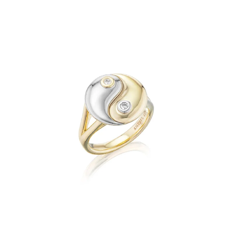 Curved rings perfect for matching with other bands -14k Yellow Gold & Silver Yin Yang with Diamond Bezels Ring