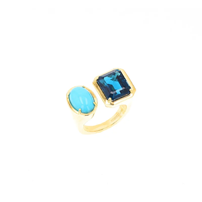 Dainty rings ideal for delicate finger embellishments -14k Yellow Gold Two Stone Turquoise and London Blue Topaz Ring "One of a Kind"