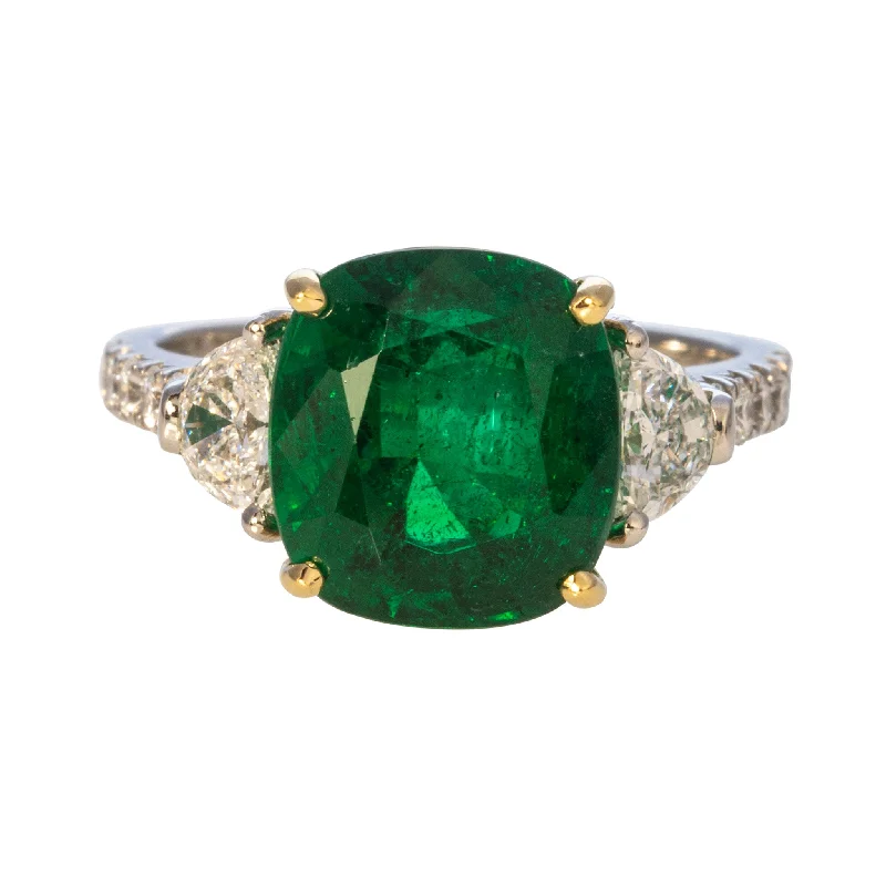 Rings featuring topaz for bright blue finger shine -4.96ct Cushion Emerald & Half-Moon Diamond 18K Gold Platinum Ring