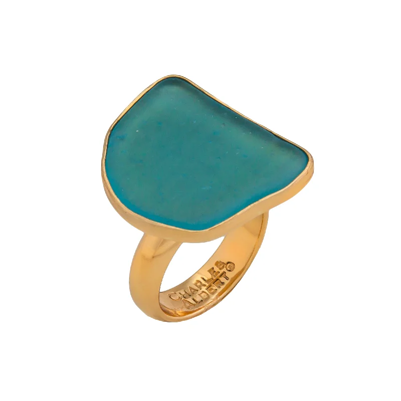 Quirky rings with offbeat stone finger designs -Alchemia Aqua Recycled Glass Adjustable Ring