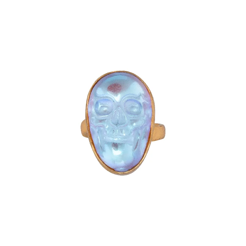 Drop rings with long gemstone finger elegance -Alchemia Petite Luminite Skull Adjustable Ring