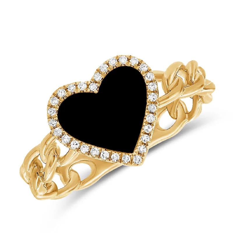 Rings featuring agate for natural banded finger beauty -Black Agate & Diamond Heart Chain Ring made in 14K Gold