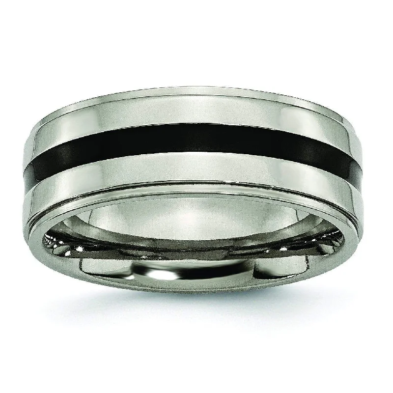 Rings perfect for holidays with festive stone charm -Black Inlay Titanium Ring High Polish Finish in 8mm