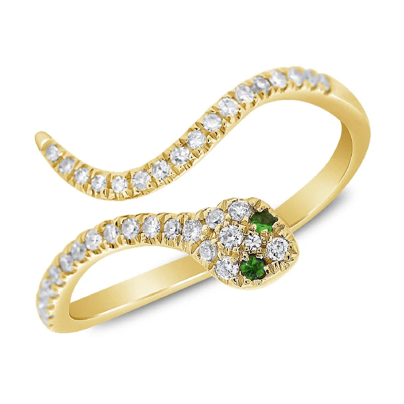 Wild rings with raw gemstones for finger beauty -Captivating Snake Ring with Diamonds and Green Tsavorite in 14K Gold