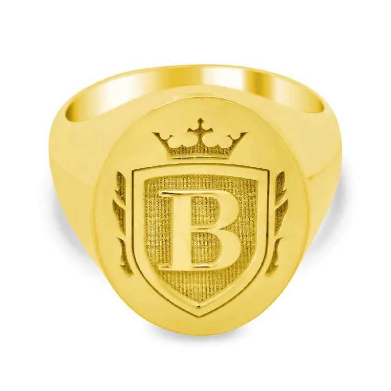 Natural rings with raw stones for organic appeal -Crown Crest Single Initial Men's Oval Signet Ring