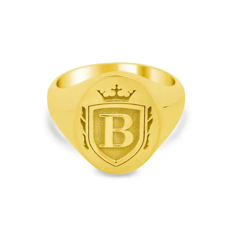 Curved rings perfect for matching with other bands -Crown Crest Single Initial Women's Oval Signet Ring