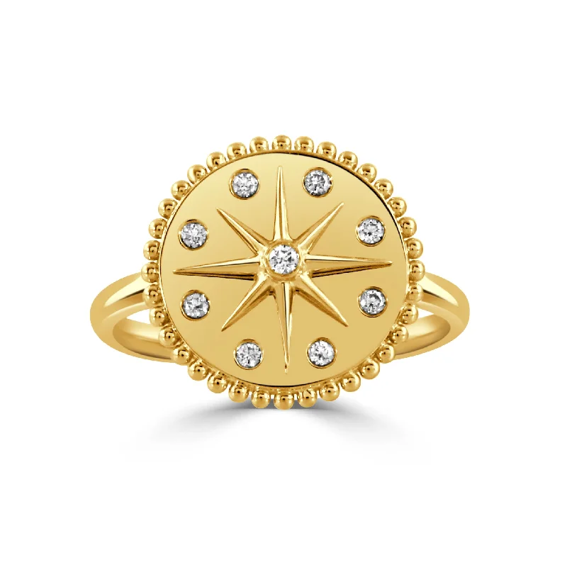 Rings with emerald stones for lush green radiance -Diamond 18K Yellow Gold Starburst Beaded Disc Ring