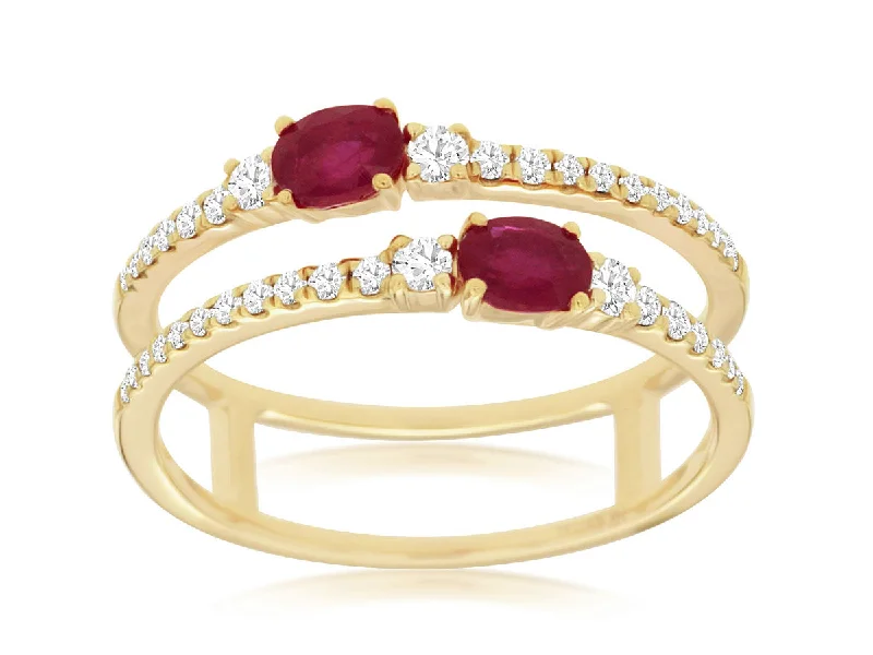 Retro rings with detailed bands for nostalgic appeal -Diamond & Ruby Two Row Ring