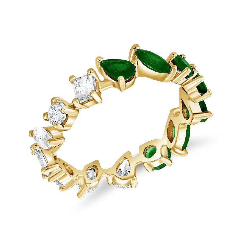 Rings with thin bands for light finger wear -Diamond & Emerald Mixed Cut Eternity Ring set in 14kt Gold